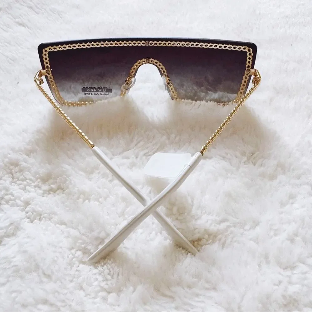 Christine Black Two Tone White Chain Oversized Shield Sunglasses